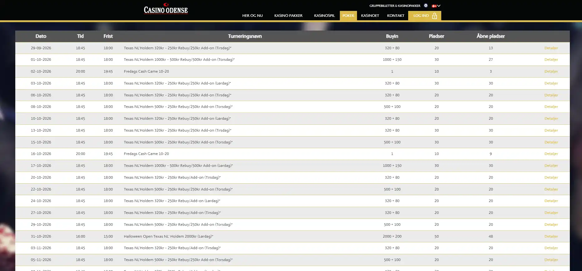 Casino Odenses officielle kalender for pokerturneringer